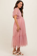 PinkBlush Mauve Dotted Tulle Smocked Maternity Midi Dress