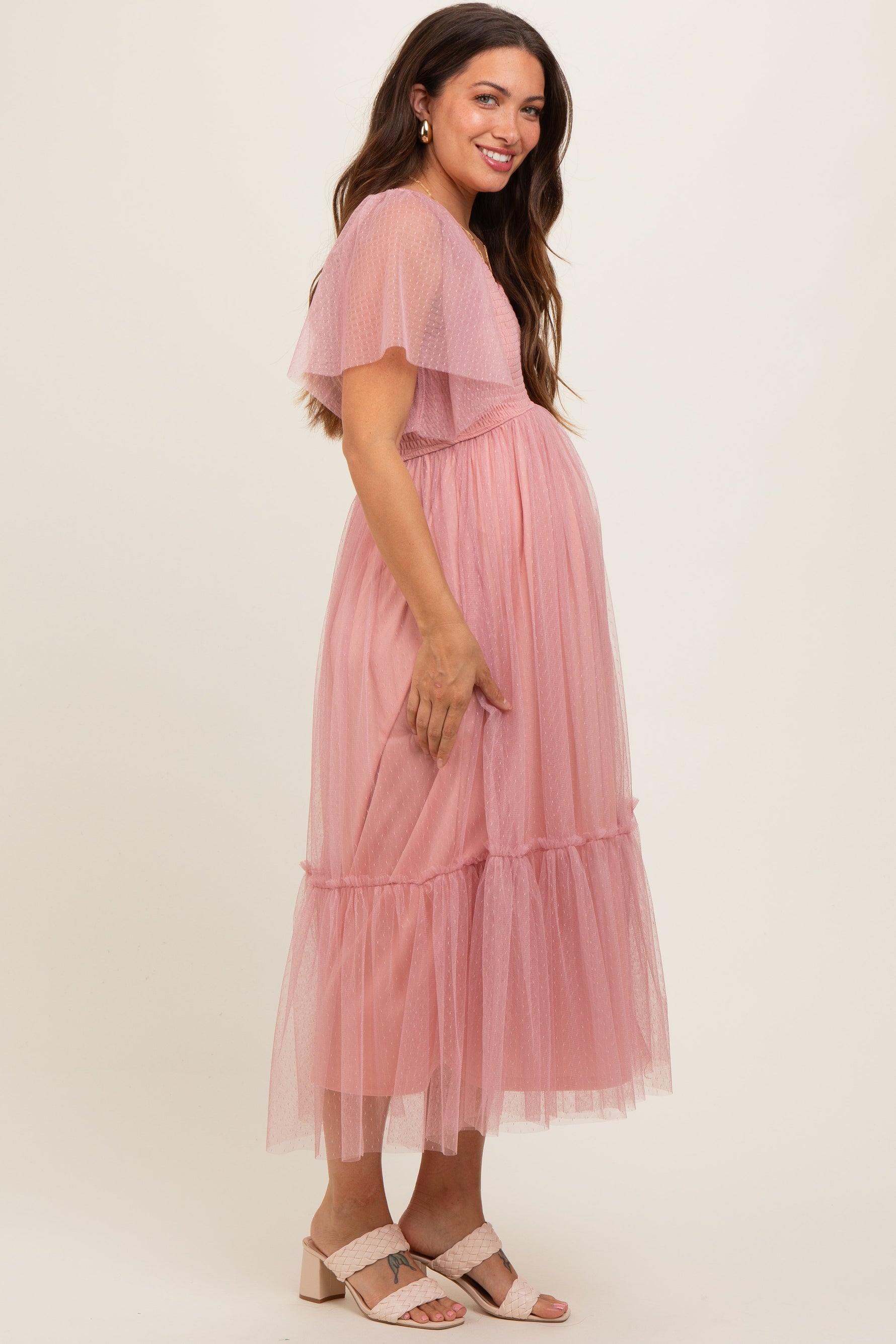 PinkBlush Mauve Dotted Tulle Smocked Maternity Midi Dress