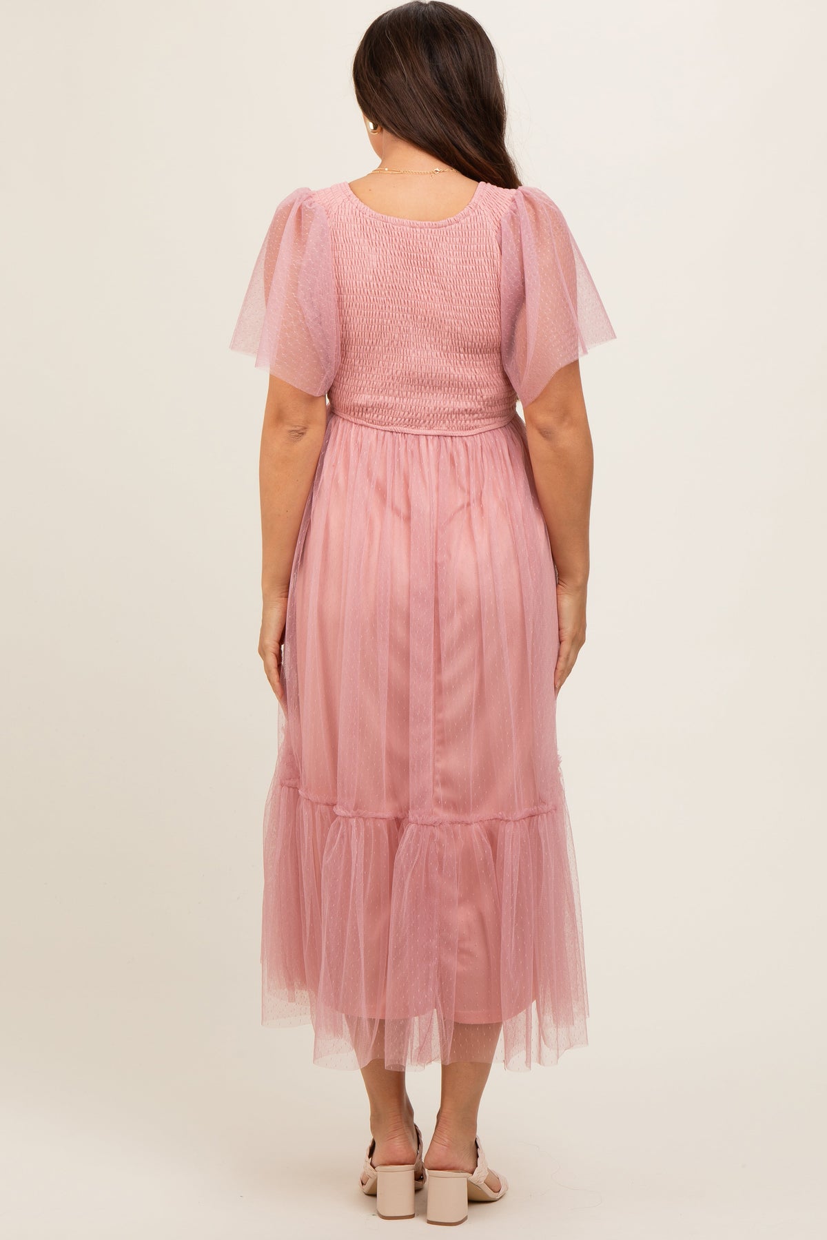 PinkBlush Mauve Dotted Tulle Smocked Maternity Midi Dress