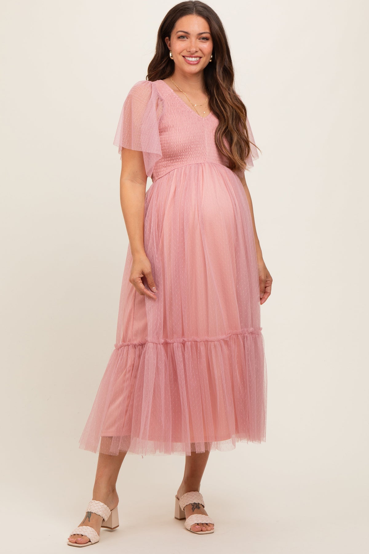 PinkBlush Mauve Dotted Tulle Smocked Maternity Midi Dress