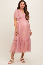PinkBlush Mauve Dotted Tulle Smocked Maternity Midi Dress