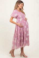 PinkBlush Mauve Floral Print Ruffle Hem Maternity Midi Dress - 
