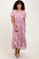 PinkBlush Mauve Floral Print Ruffle Hem Maternity Midi Dress - 