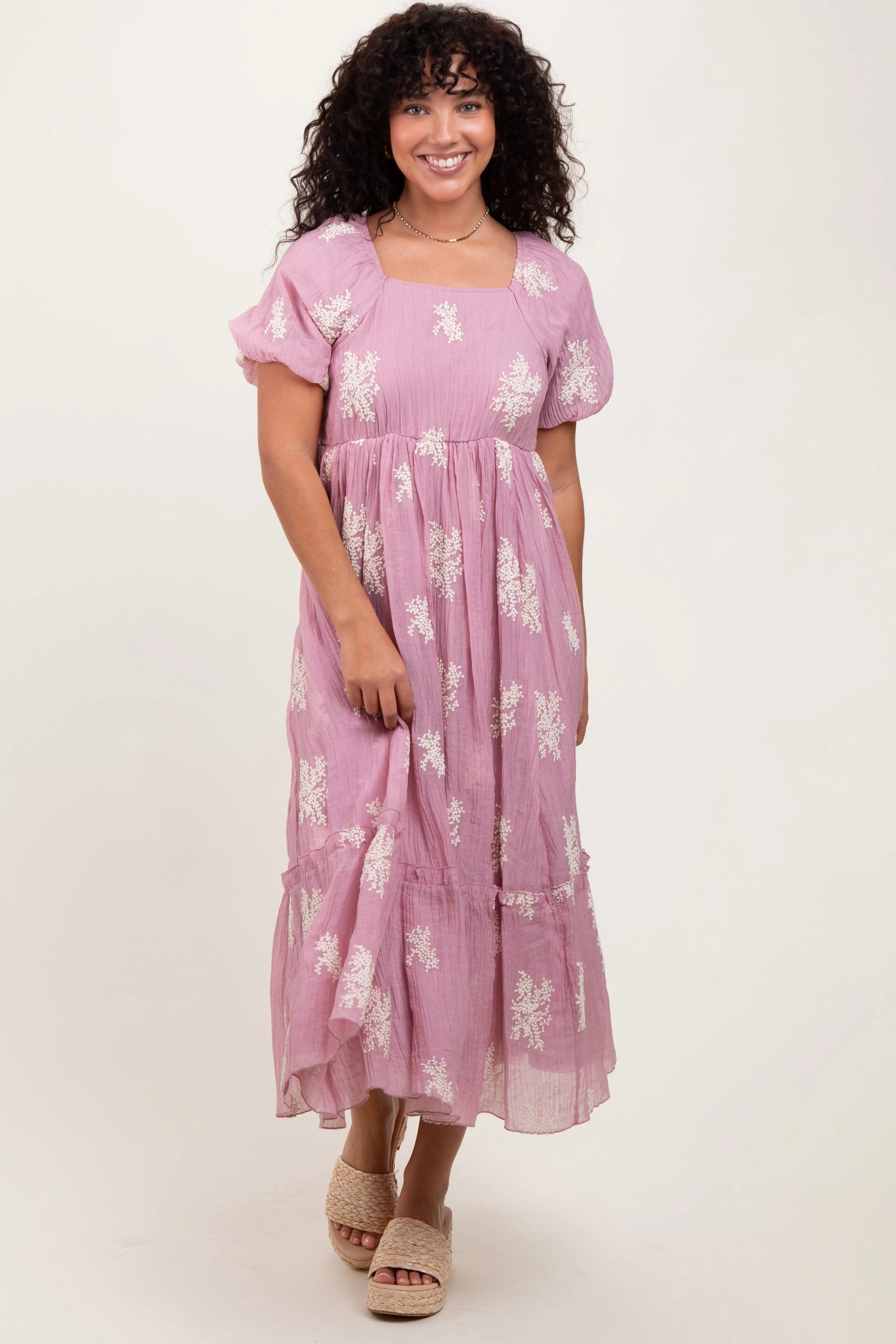 PinkBlush Mauve Floral Print Ruffle Hem Maternity Midi Dress - 