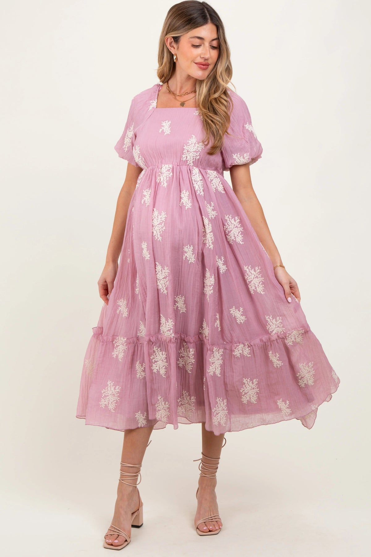 PinkBlush Mauve Floral Print Ruffle Hem Maternity Midi Dress - 