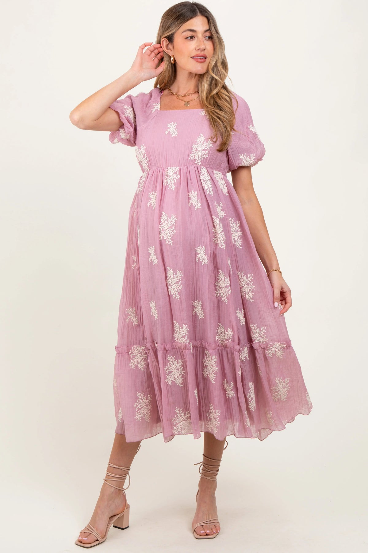 PinkBlush Mauve Floral Print Ruffle Hem Maternity Midi Dress - 