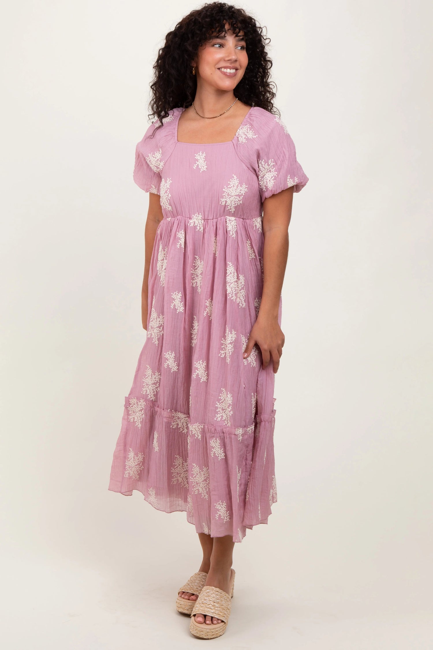 PinkBlush Mauve Floral Print Ruffle Hem Midi Dress - 