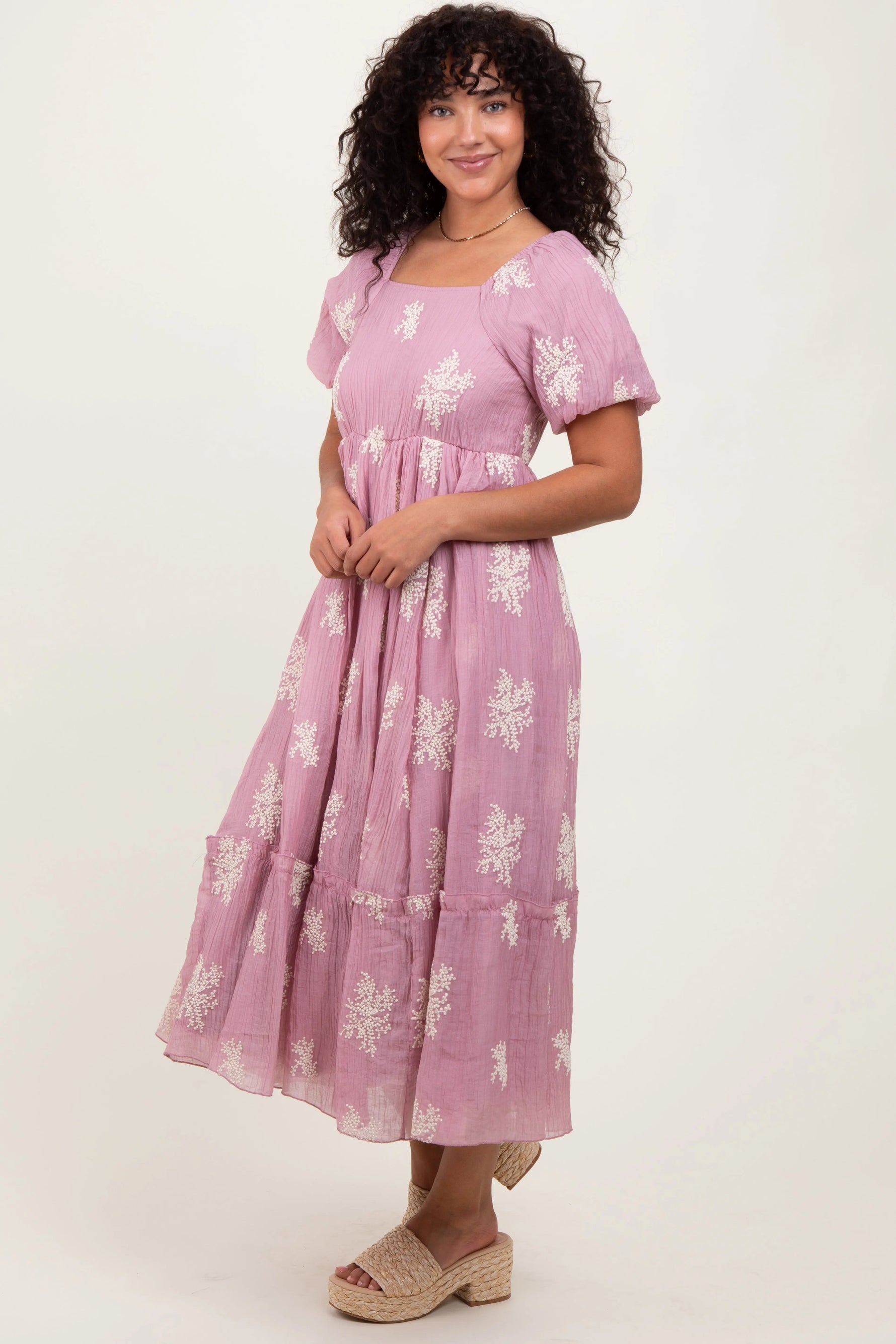 PinkBlush Mauve Floral Print Ruffle Hem Midi Dress - 