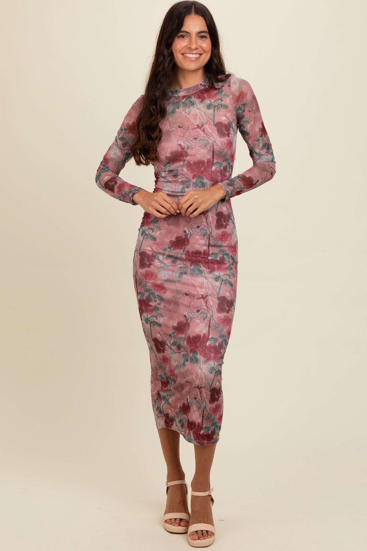 PinkBlush Mauve Floral Printed Mesh Overlay Maternity Maxi Dress
