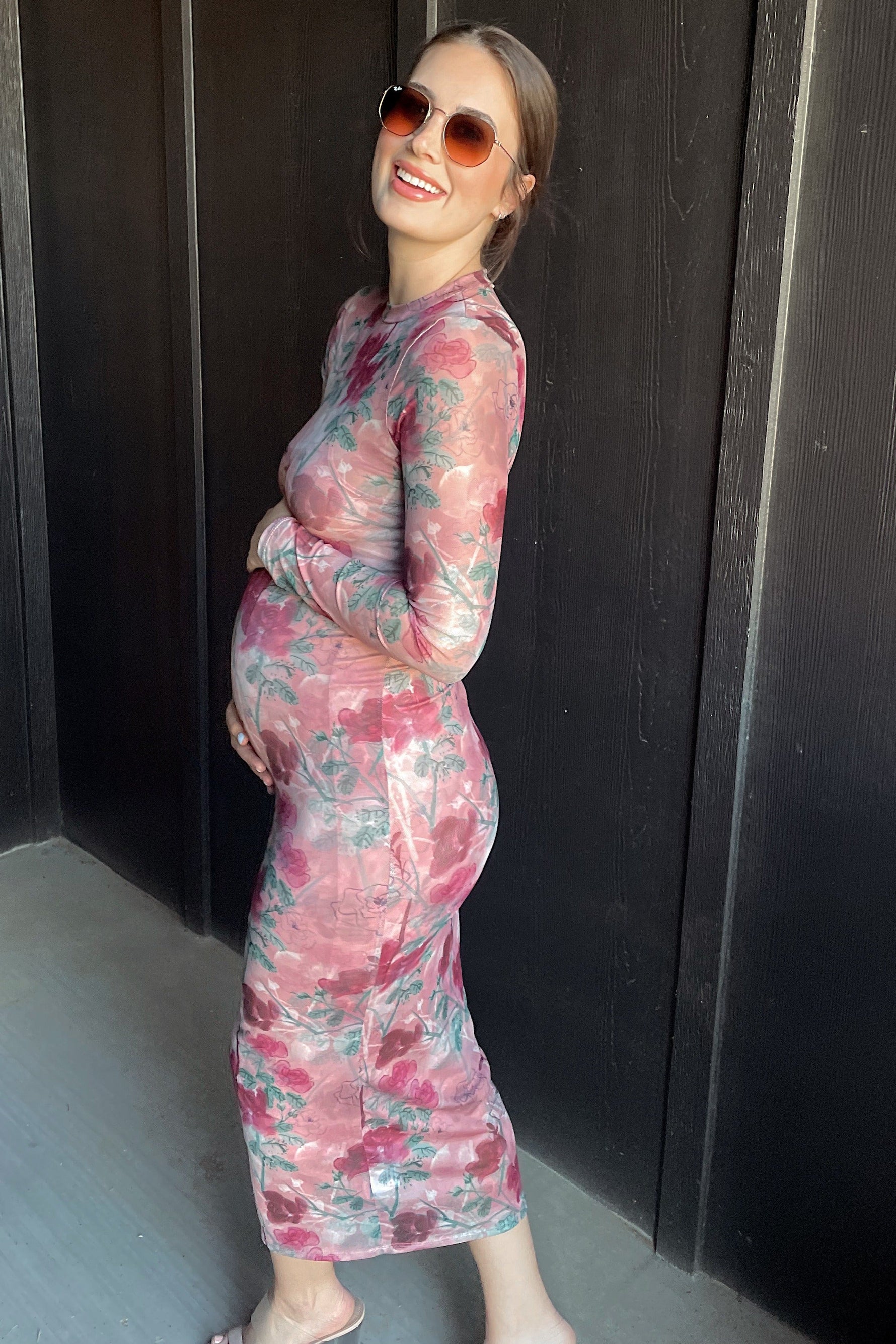 PinkBlush Mauve Floral Printed Mesh Overlay Maternity Maxi Dress