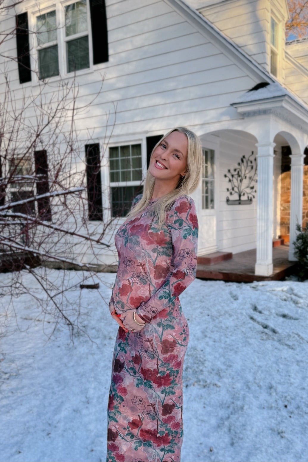 PinkBlush Mauve Floral Printed Mesh Overlay Maternity Maxi Dress
