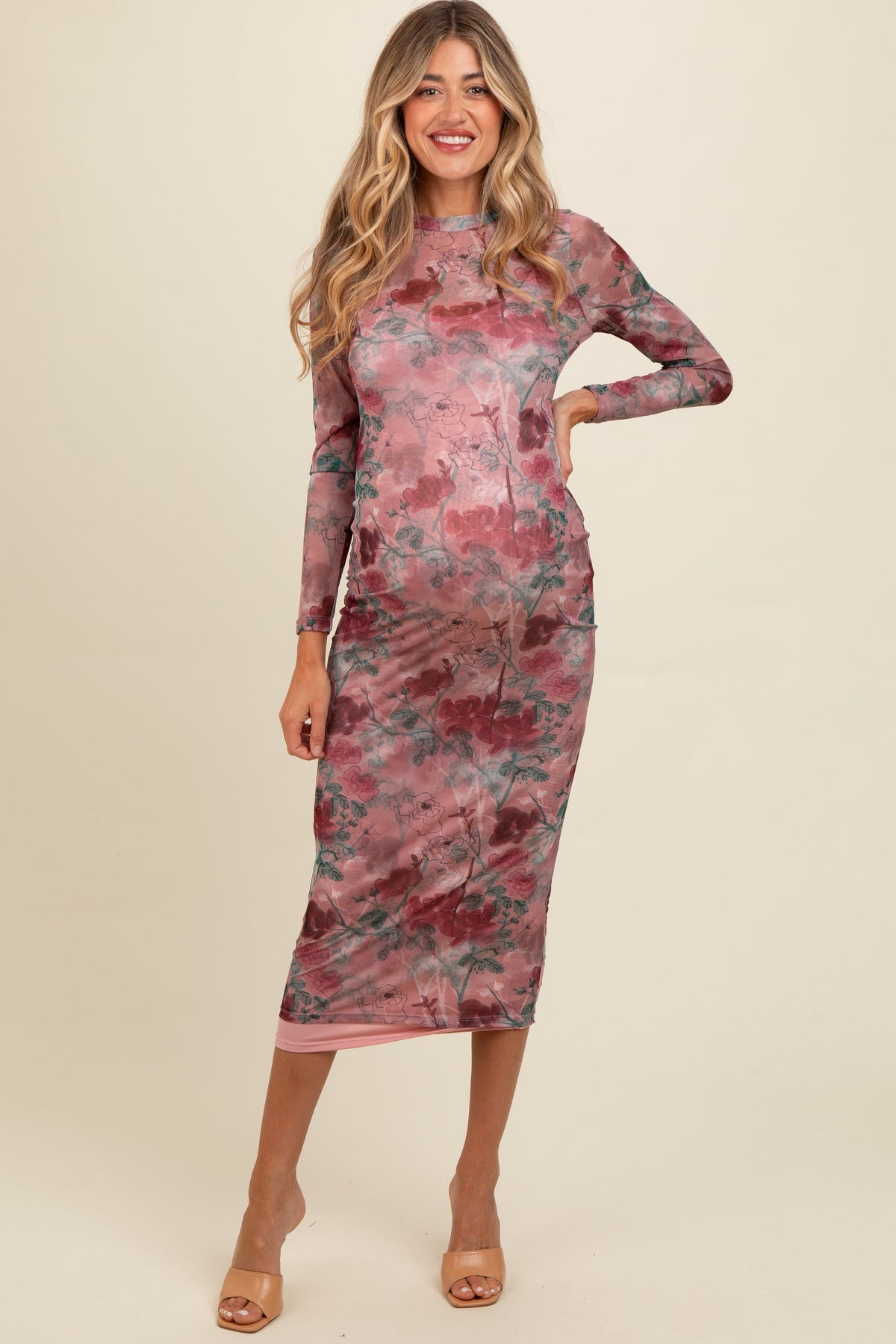 PinkBlush Mauve Floral Printed Mesh Overlay Maternity Maxi Dress