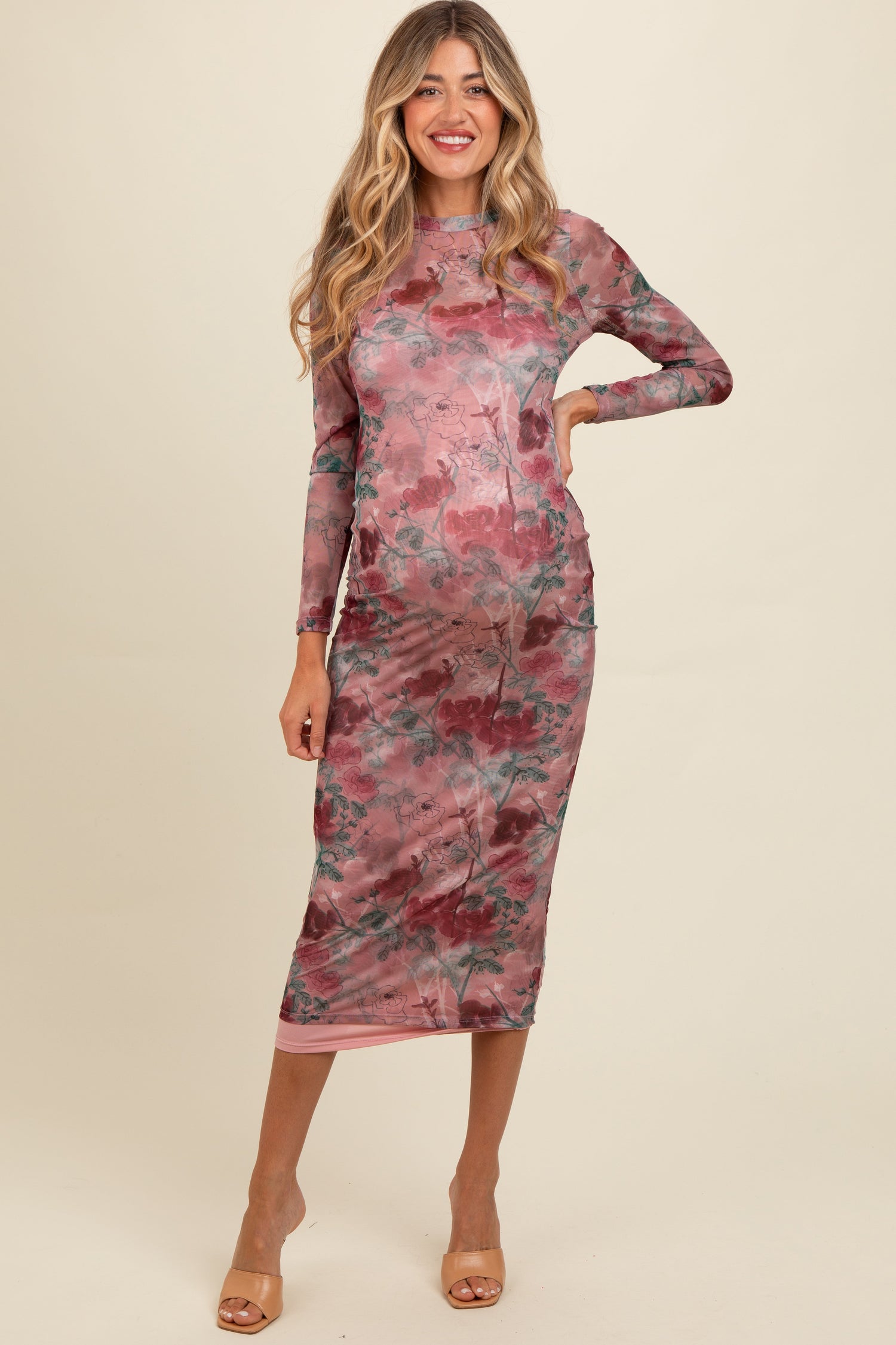 PinkBlush Mauve Floral Printed Mesh Overlay Maternity Maxi Dress