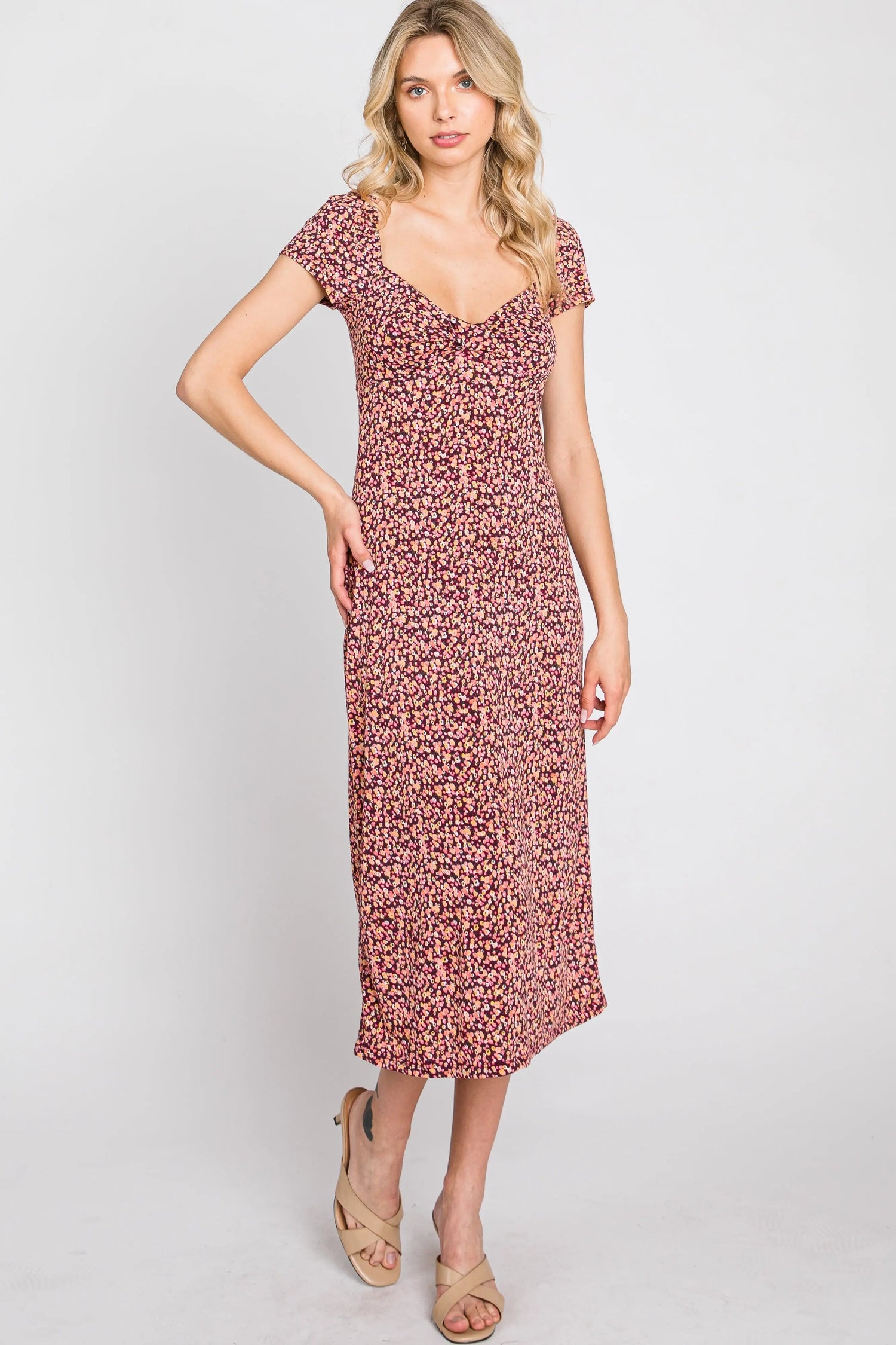 Mauve Floral Sweetheart Midi Dress - Red, Day Dress, One-piece garment, Dress, Pink | Everetts Place