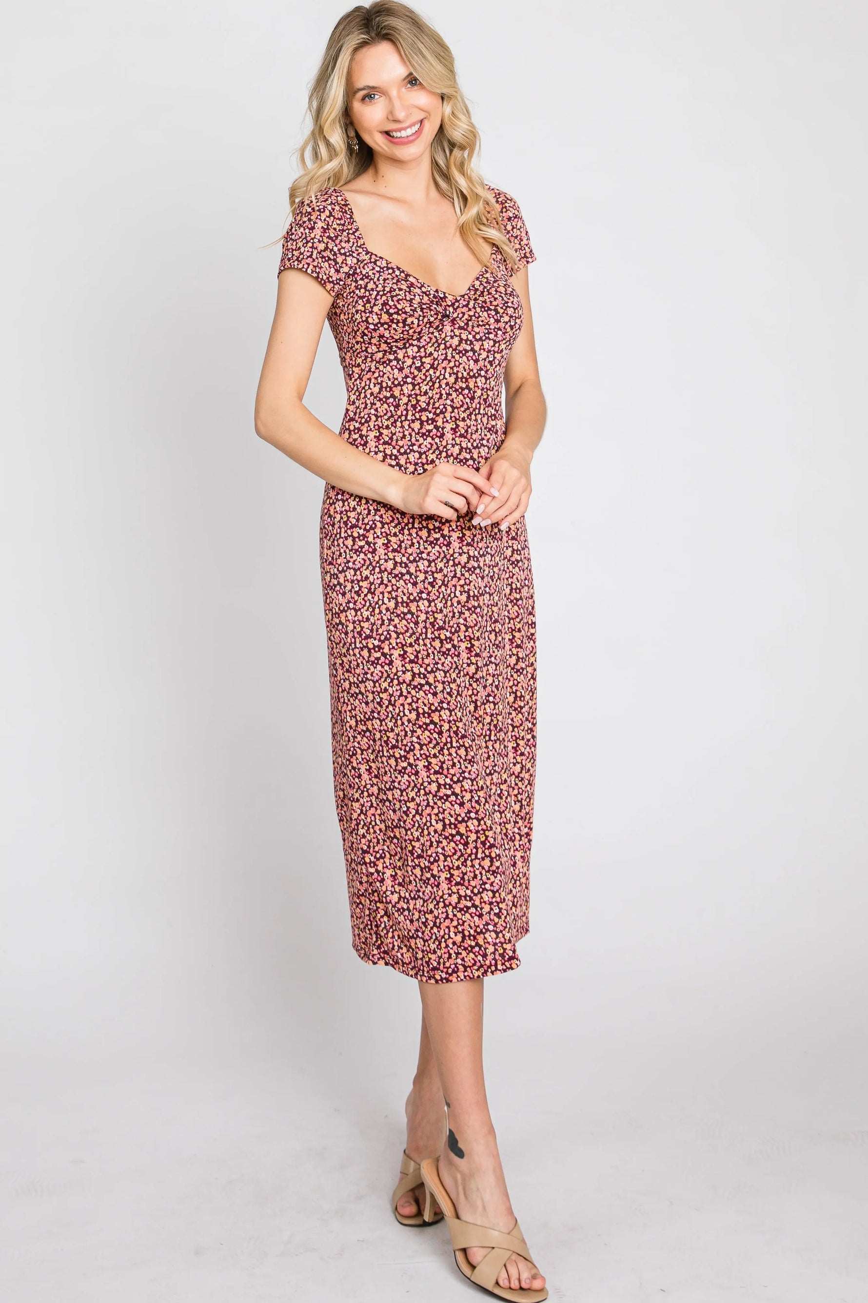 PinkBlush Mauve Floral Sweetheart Midi Dress - 