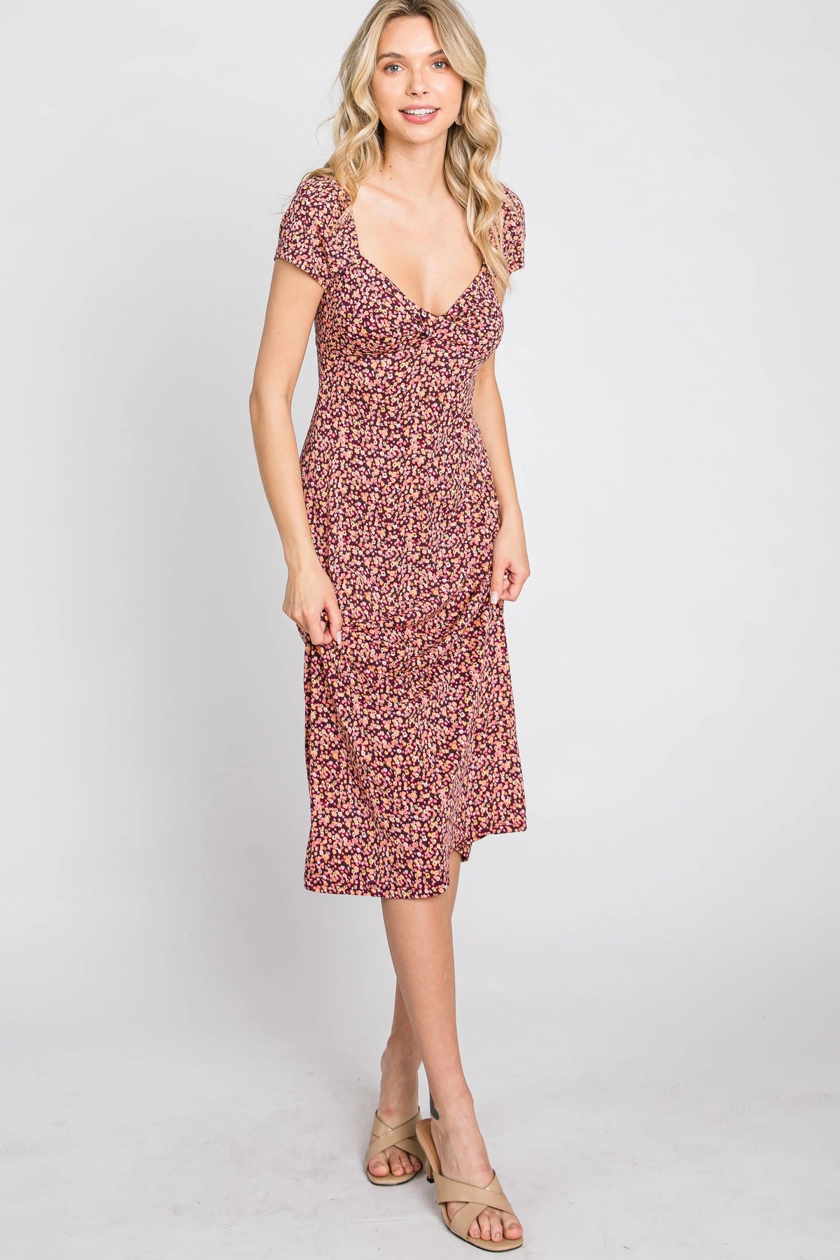 PinkBlush Mauve Floral Sweetheart Midi Dress - 