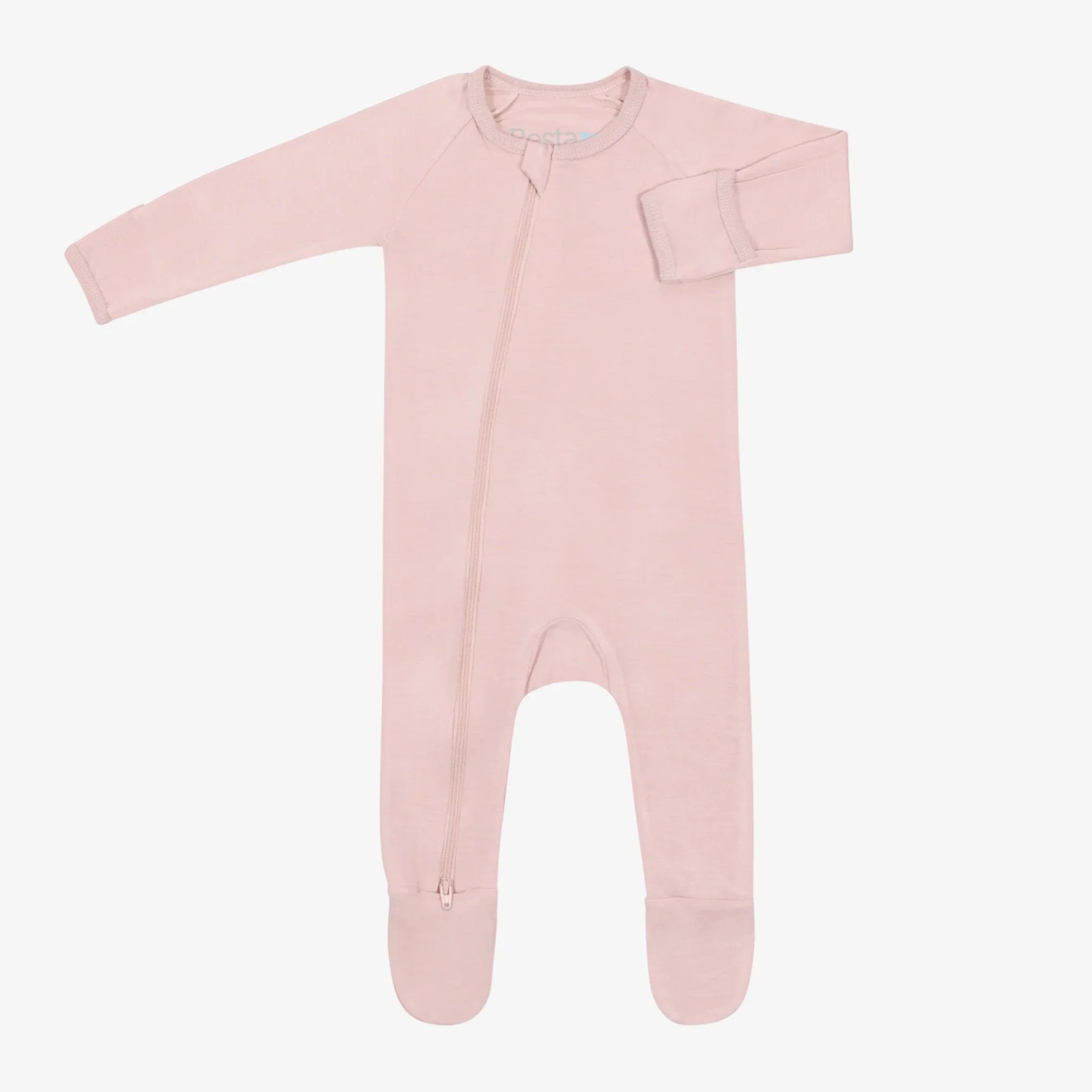 Mauve footed baby sleeper with full-length zipper and fold-over hand mittens