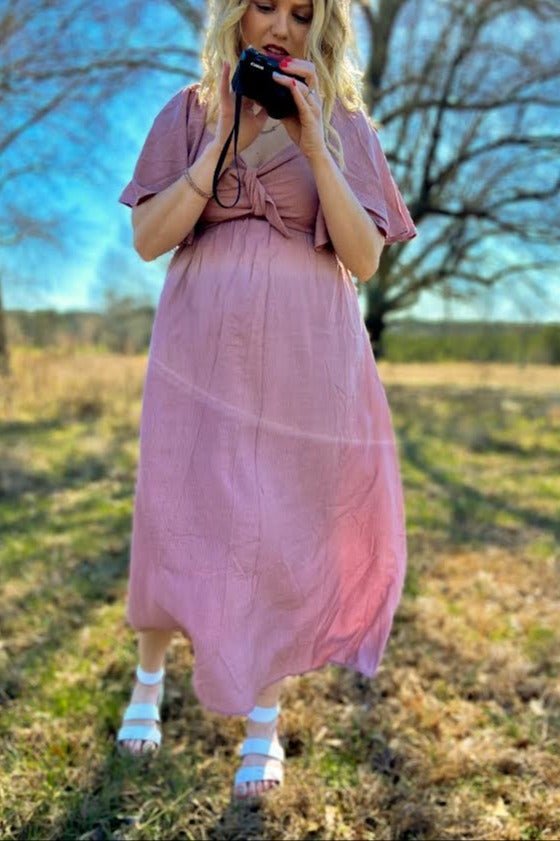 PinkBlush Mauve Front Tie Ruffle Sleeve Maternity Midi DressEveretts Place