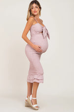 PinkBlush Mauve Gingham Print Smocked Fitted Self - Tie Maternity Midi Dress - 