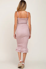 PinkBlush Mauve Gingham Print Smocked Fitted Self - Tie Maternity Midi Dress - 