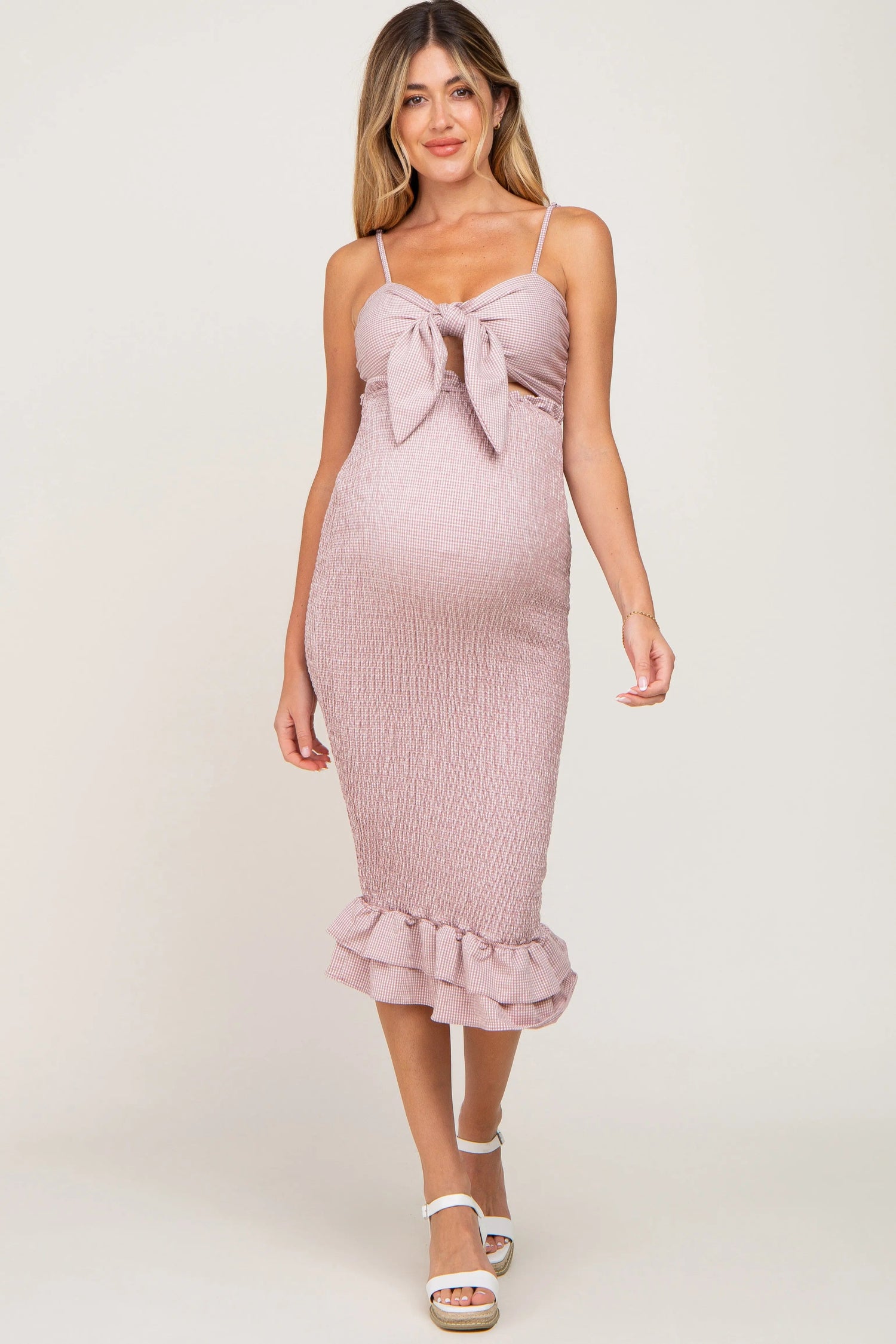 PinkBlush Mauve Gingham Print Smocked Fitted Self - Tie Maternity Midi Dress - 