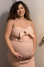 PinkBlush Mauve Gingham Print Smocked Fitted Self - Tie Maternity Midi Dress - 