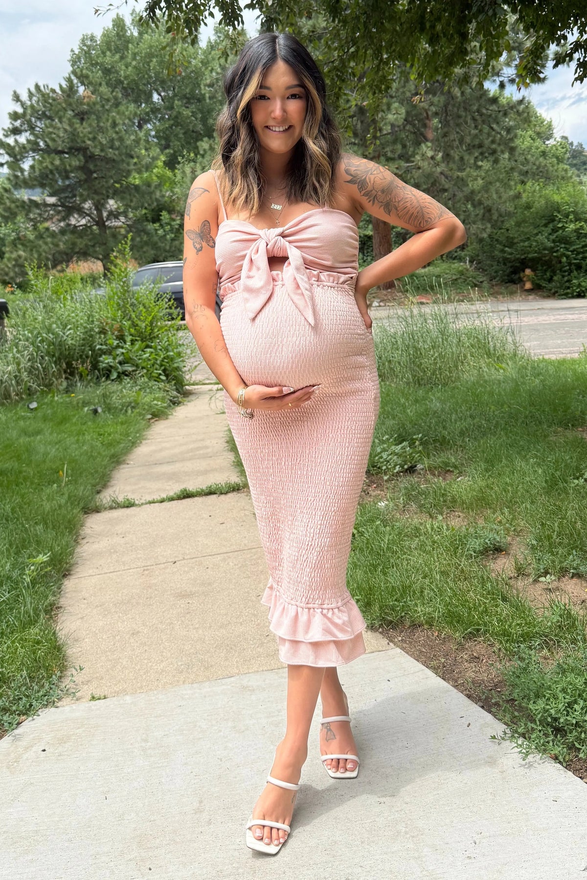 PinkBlush Mauve Gingham Print Smocked Fitted Self - Tie Maternity Midi Dress - 