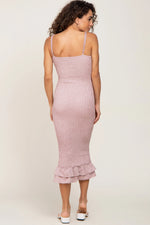 PinkBlush Mauve Gingham Print Smocked Fitted Self - Tie Midi Dress - 