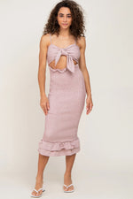 PinkBlush Mauve Gingham Print Smocked Fitted Self - Tie Midi Dress - 