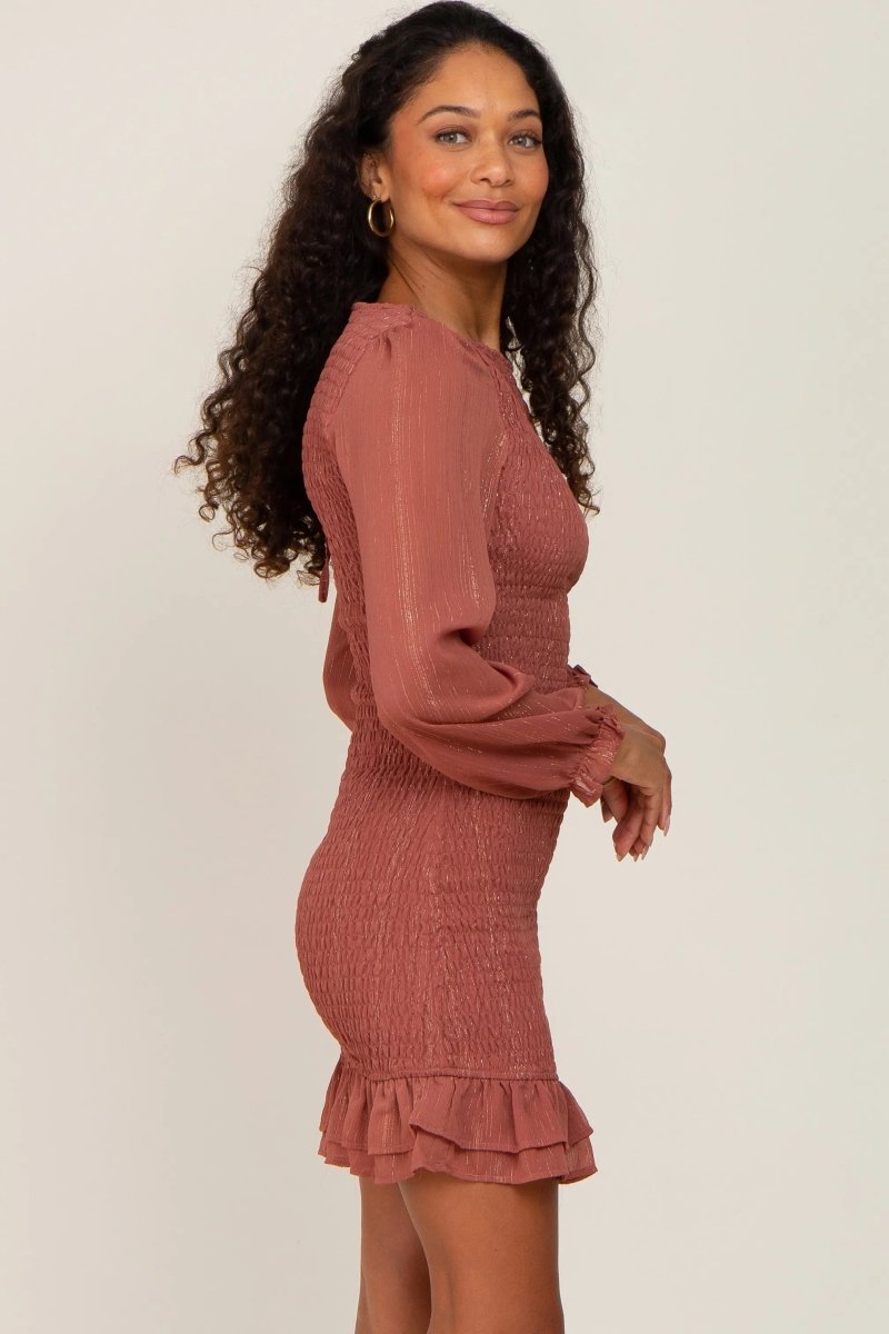 PinkBlush Mauve Metallic Shimmer Mini Dress with Sheer Sleeves for Special Occasions - 