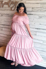 PinkBlush Mauve Off Shoulder Ruffle Tiered Maternity Maxi Dress - 
