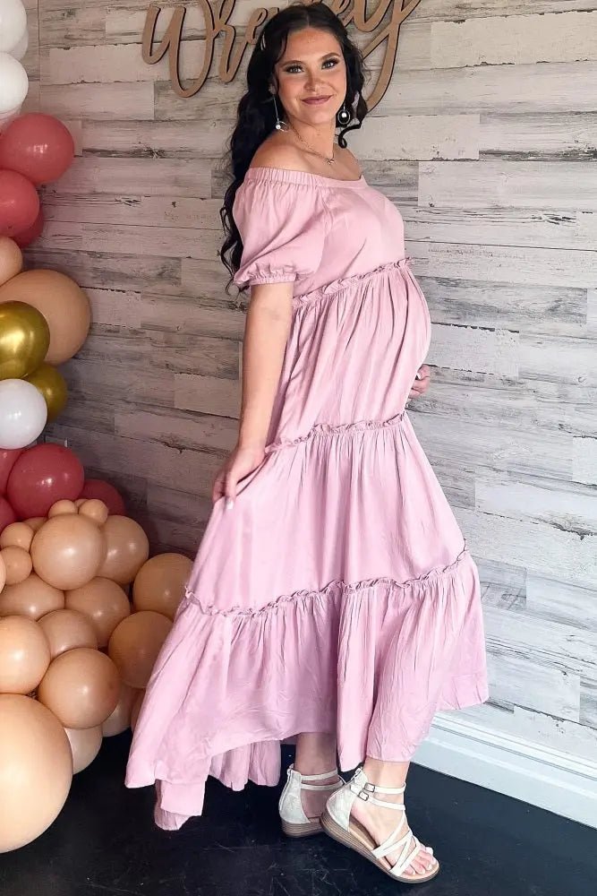 PinkBlush Mauve Off Shoulder Ruffle Tiered Maternity Maxi Dress - 
