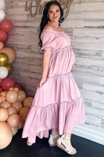 PinkBlush Mauve Off Shoulder Ruffle Tiered Maternity Maxi Dress - 