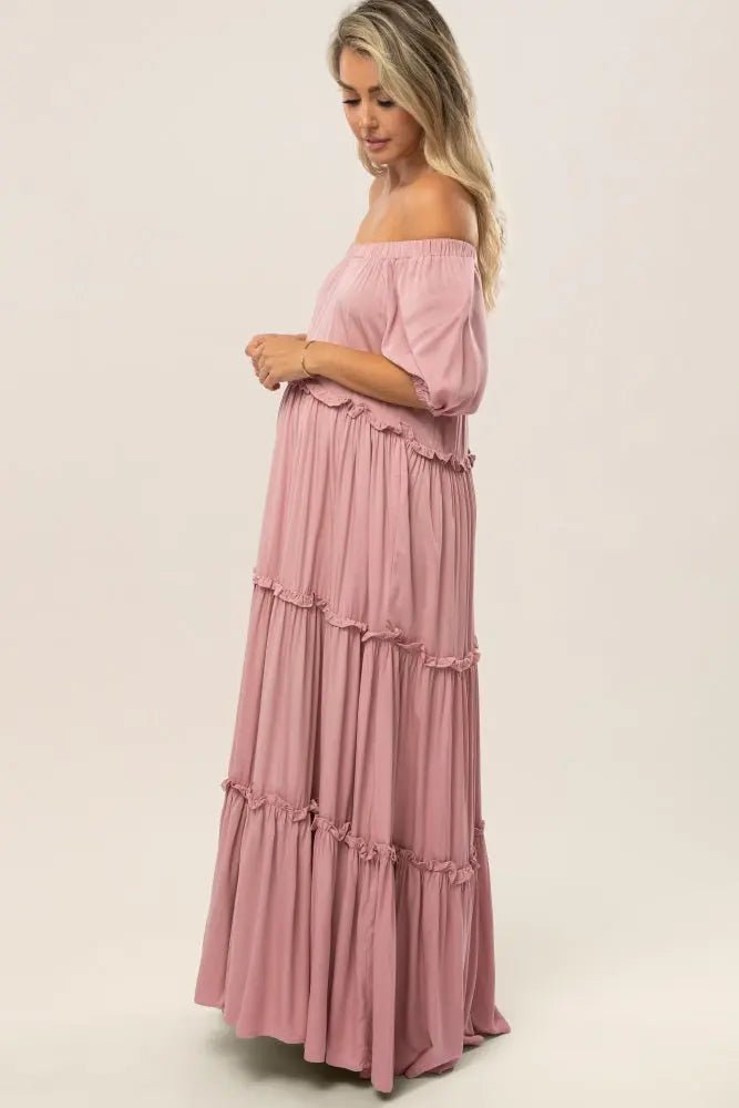PinkBlush Mauve Off Shoulder Ruffle Tiered Maternity Maxi Dress - 