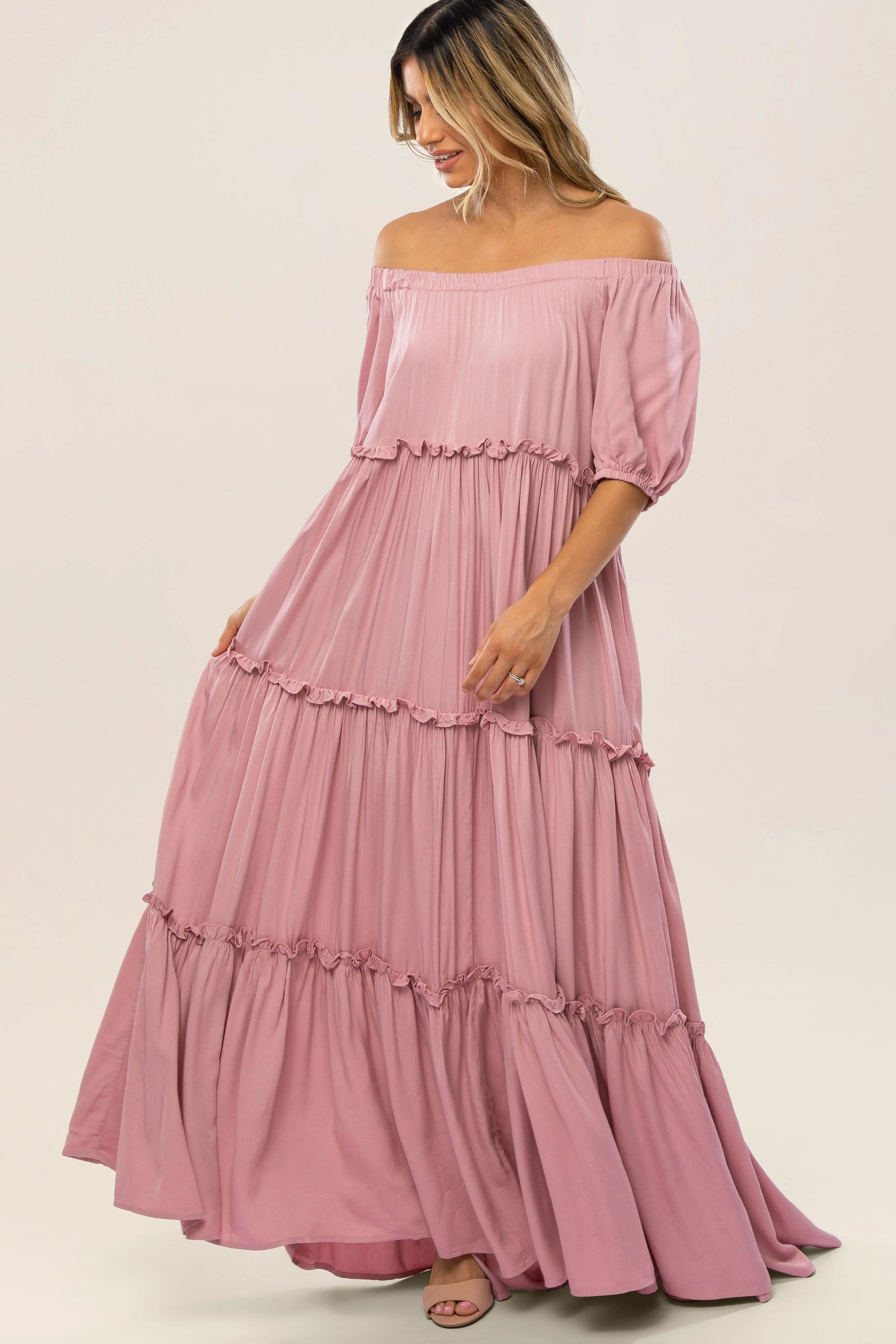 PinkBlush Mauve Off Shoulder Ruffle Tiered Maternity Maxi Dress - 