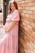 PinkBlush Mauve Off Shoulder Ruffle Tiered Maternity Maxi Dress - 