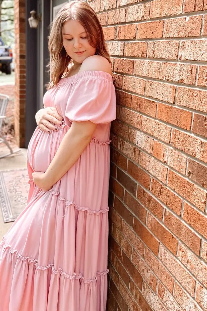 PinkBlush Mauve Off Shoulder Ruffle Tiered Maternity Maxi Dress - 