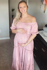 PinkBlush Mauve Off Shoulder Ruffle Tiered Maternity Maxi Dress - 