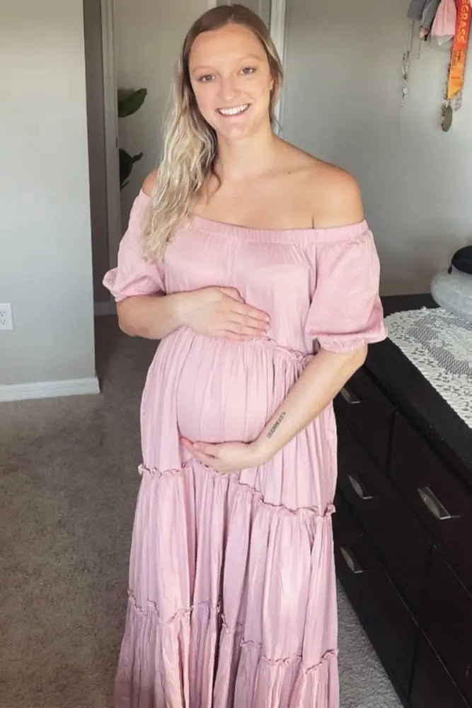 PinkBlush Mauve Off Shoulder Ruffle Tiered Maternity Maxi Dress - 