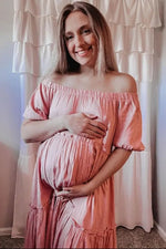PinkBlush Mauve Off Shoulder Ruffle Tiered Maternity Maxi Dress - 