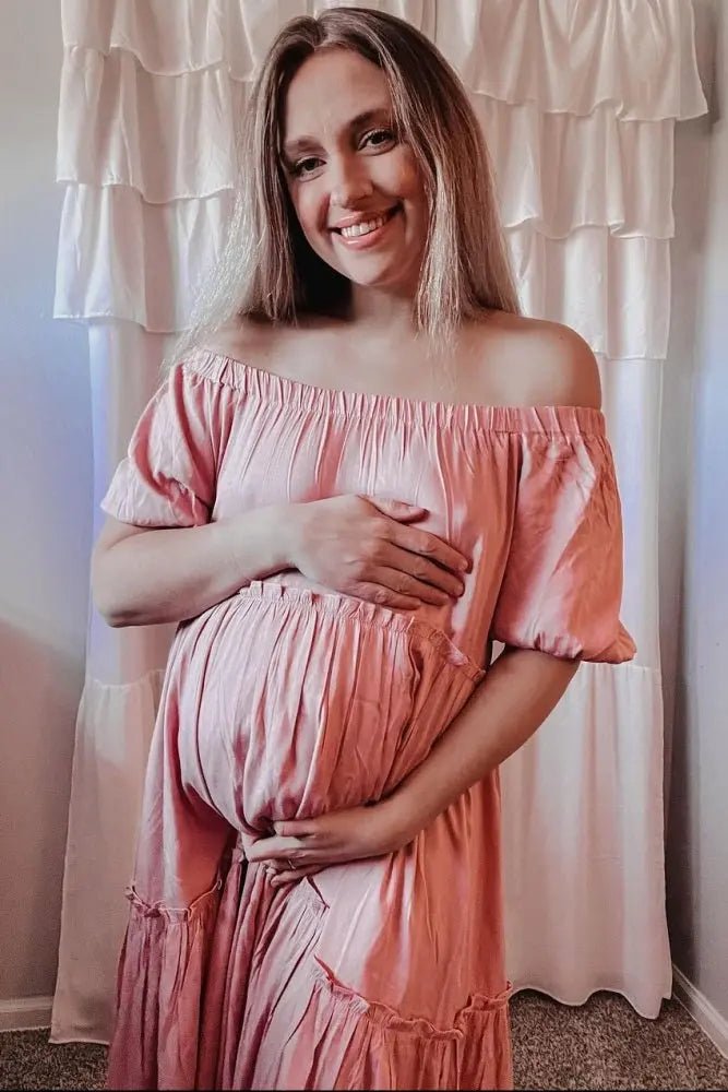 PinkBlush Mauve Off Shoulder Ruffle Tiered Maternity Maxi Dress - 