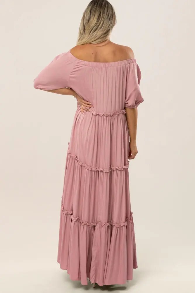 PinkBlush Mauve Off Shoulder Ruffle Tiered Maternity Maxi Dress - 