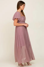 PinkBlush Mauve Pleated Maxi Dress with Puff Sleeves for Elegant Women - 