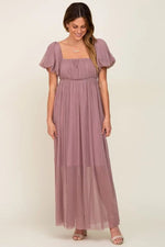 PinkBlush Mauve Pleated Maxi Dress with Puff Sleeves for Elegant Women - 