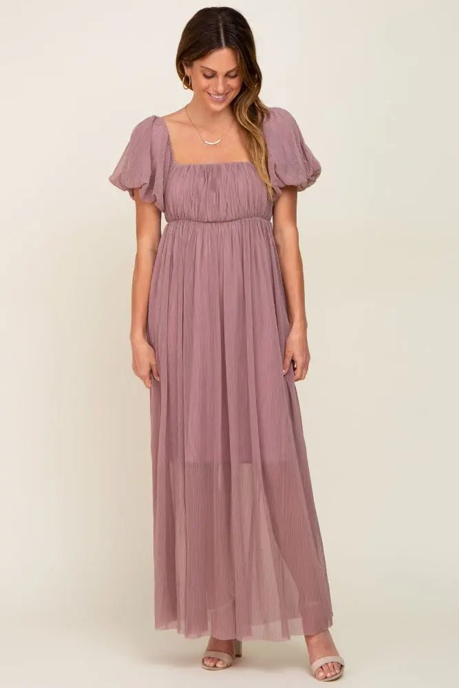 PinkBlush Mauve Pleated Maxi Dress with Puff Sleeves for Elegant Women - 