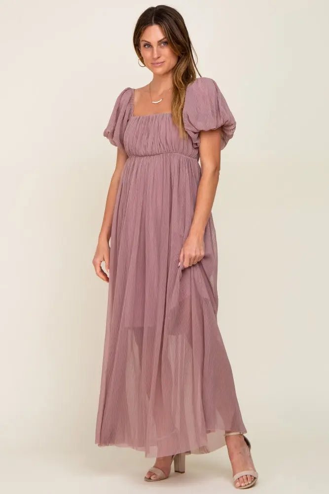 PinkBlush Mauve Pleated Maxi Dress with Puff Sleeves for Elegant Women - 
