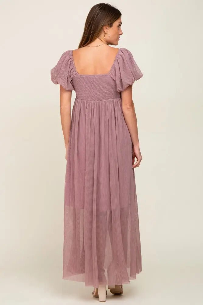 PinkBlush Mauve Pleated Maxi Dress with Puff Sleeves for Elegant Women - 