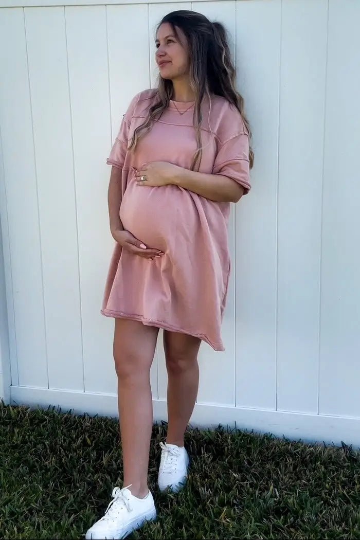 PinkBlush Mauve Raw Hem Maternity Short Sleeve Dress - 