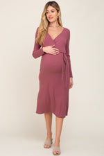 PinkBlush Mauve Rib Knit Long Sleeve Maternity Wrap Midi Dress - 