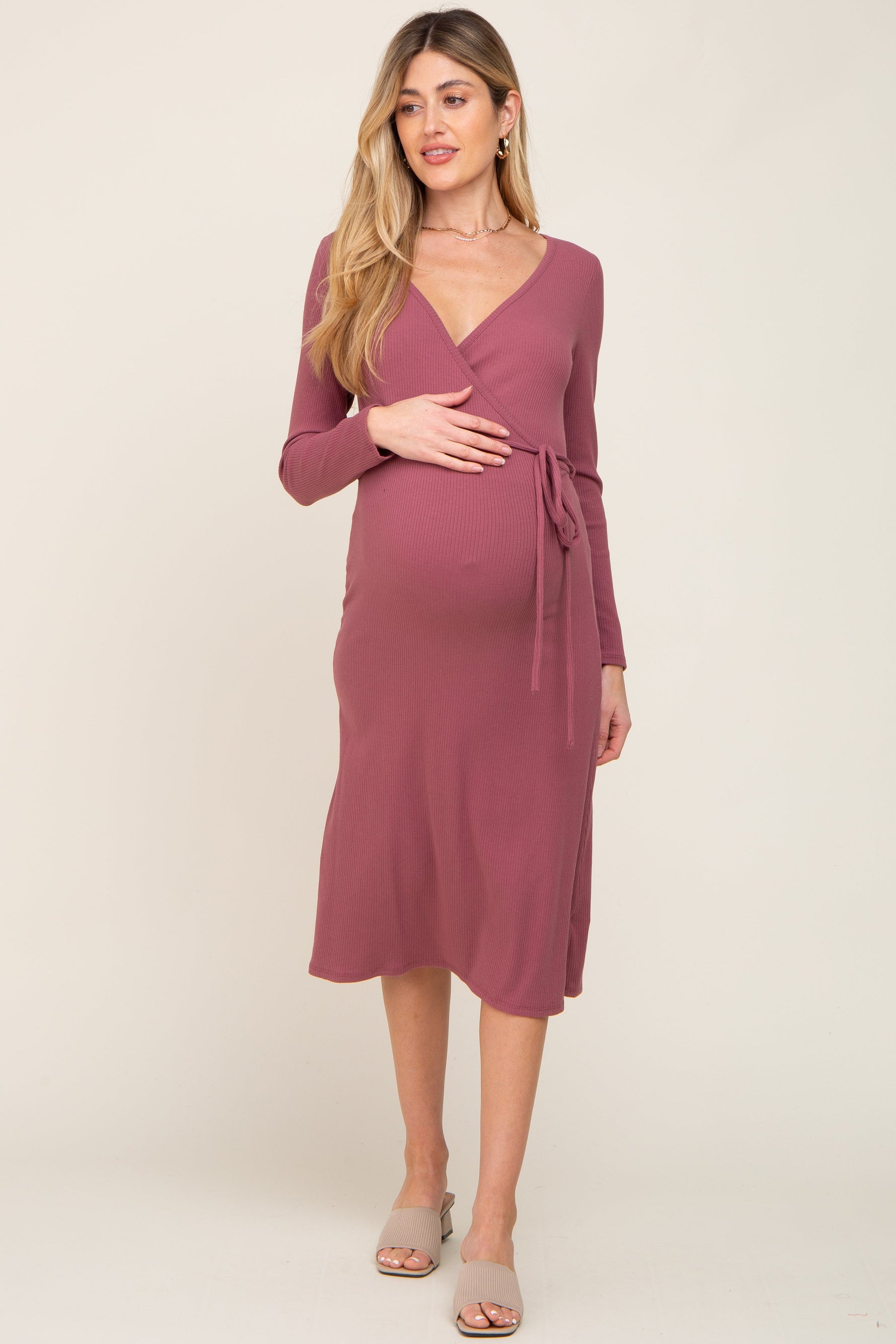 PinkBlush Mauve Rib Knit Long Sleeve Maternity Wrap Midi Dress - 